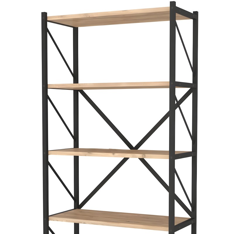 Estantería industrial con 4 estantes de madera clara y estructura metálica negra con travesaños en X