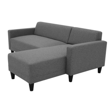 Sofá de dos plazas tapizado en gris con reposabrazos y patas de madera negra vista frontal