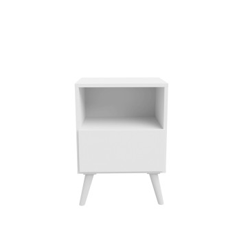 Mesita blanca con tres estantes y patas de madera decorada con florero y libros