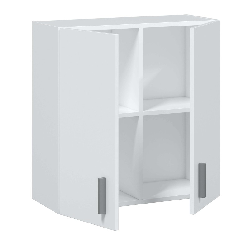 Mueble auxiliar blanco con puertas y compartimentos abiertos con tiradores grises