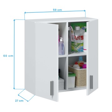 Armario bajo blanco con puertas abatibles y compartimentos abiertos con productos de limpieza y cestas organizadoras