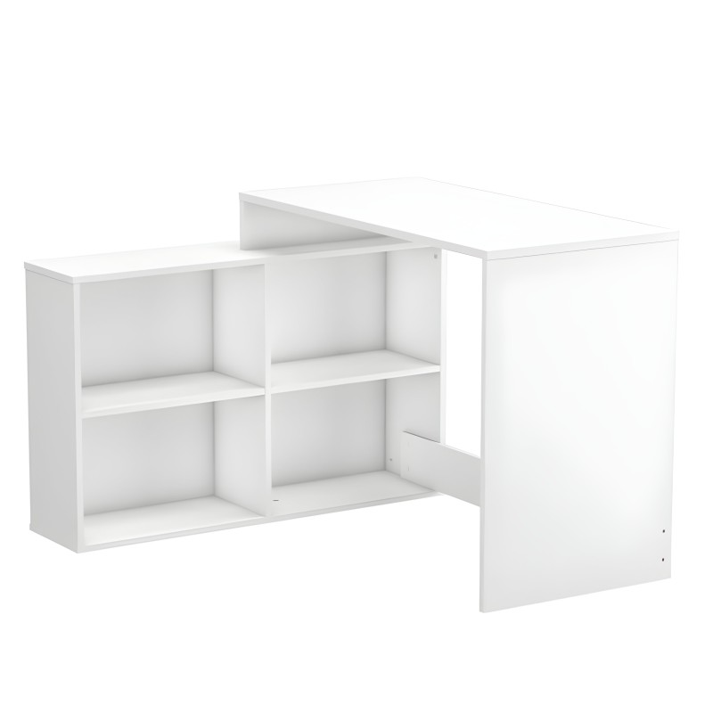 Escritorio esquinero blanco con estantería integrada y compartimentos abiertos vista en perspectiva