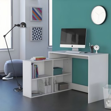Escritorio blanco con estantes abiertos y cajonera en ambiente de oficina moderna