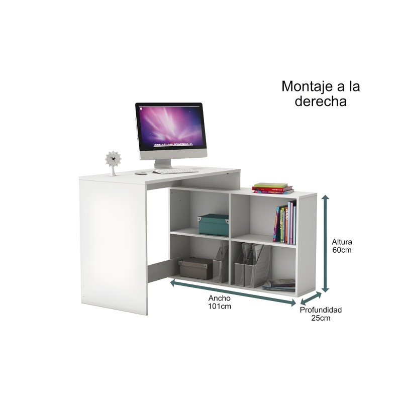 Escritorio blanco con estantería integrada y montaje a la derecha para computadora y almacenamiento