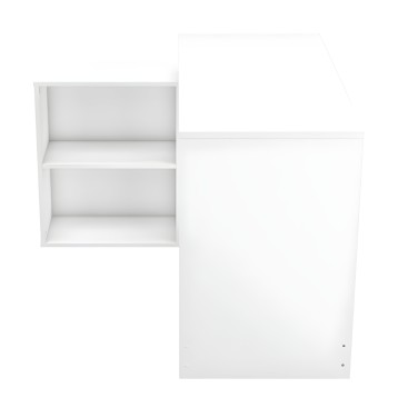 Estantería blanca modular con dos compartimentos abiertos y armario cerrado en configuración L vista frontal