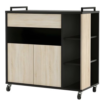 Mueble auxiliar con estructura negra y frentes en madera clara con cajón superior y puertas inferiores con ruedas