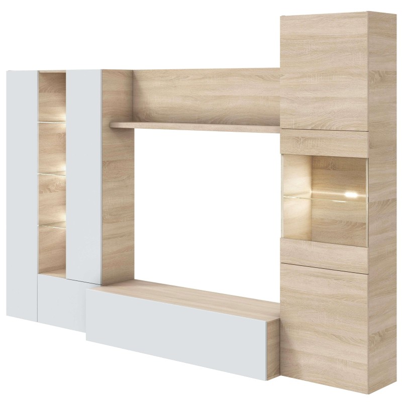 Mueble modular TV en madera clara y blanco con estantes iluminados y espacios abiertos