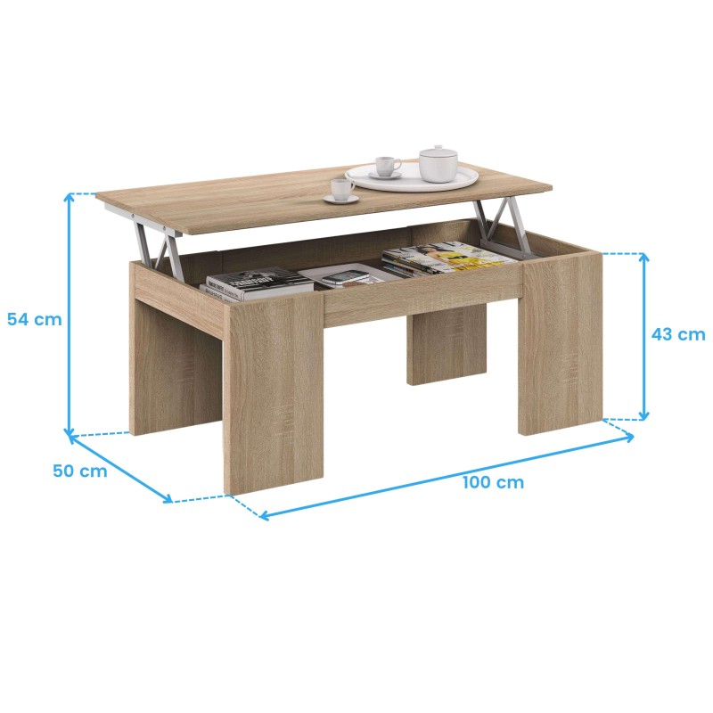 Mesa de centro elevable en madera clara con tapa abatible y almacenamiento interior