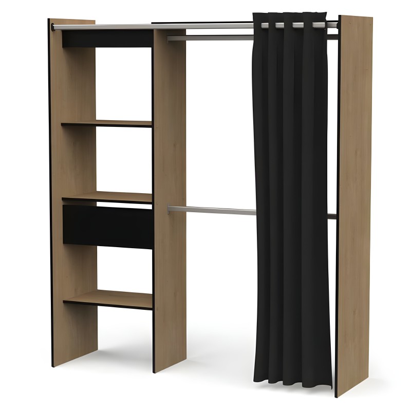 Armario abierto madera natural y negro con estantes y barra colgadora cortina negra incluida
