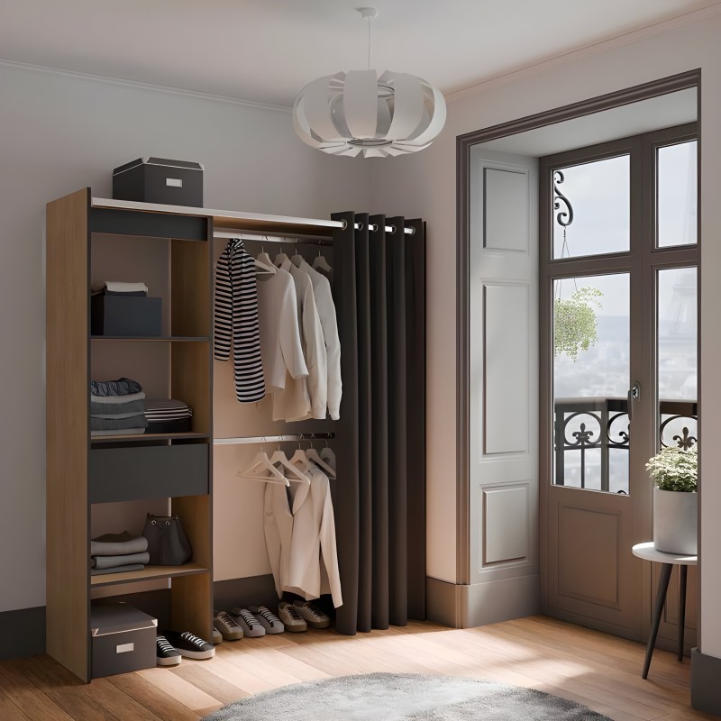 Armario abierto madera y negro con estantes y barra de ropa en ambiente de dormitorio