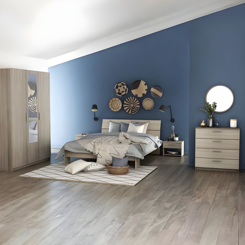 Dormitorio completo con cama de madera clara y cabecero tapizado en ambiente azul con armario y cómoda