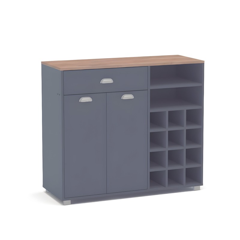 Mueble auxiliar gris azulado con tapa de madera y combinación de puertas y compartimentos abiertos