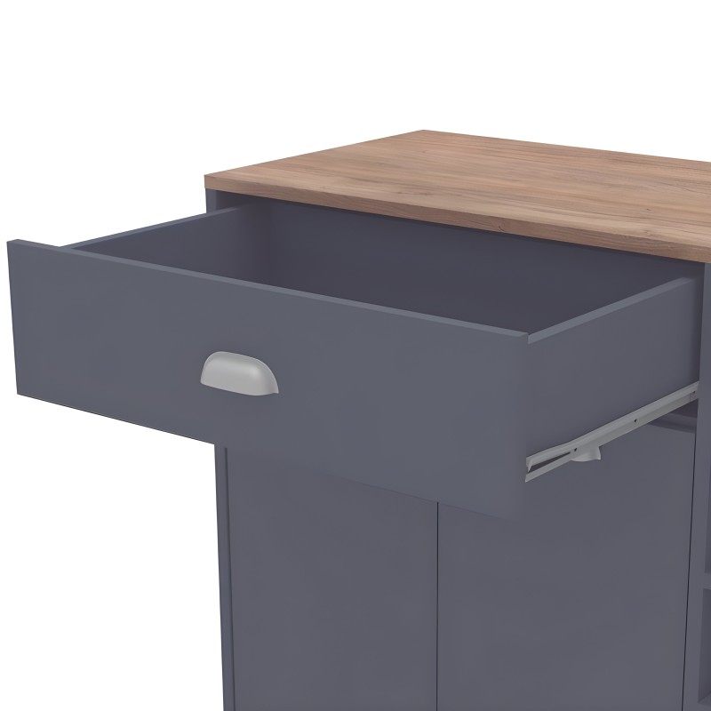 Mesita de noche gris antracita con cajón abierto y tablero superior en madera clara