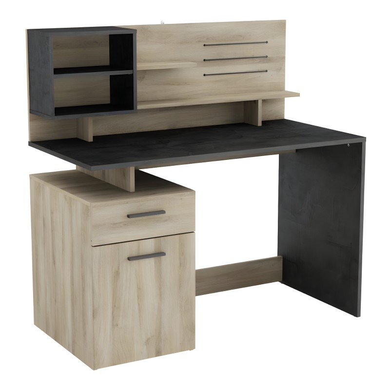 Escritorio con tablero negro y estructura en madera clara y oscura. Incluye estantería superior con compartimentos abiertos y ca