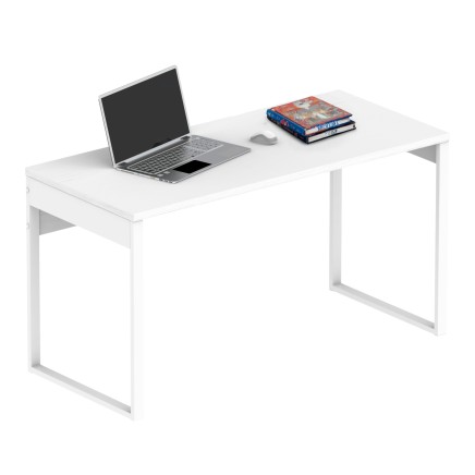 Escritorio blanco con patas metálicas y cajón lateral incluye laptop y libros sobre la superficie