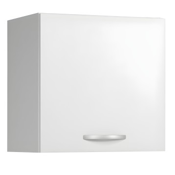 Mueble colgante blanco y gris con puerta abatible y tirador metálico vista lateral