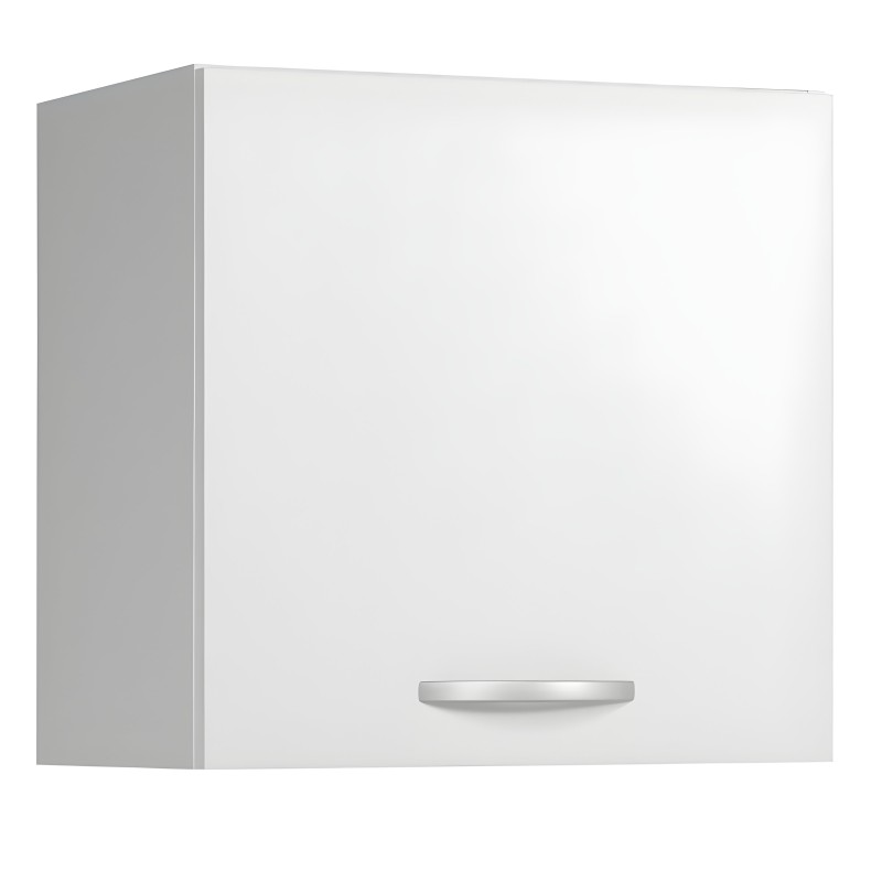 Mueble colgante blanco y gris con puerta abatible y tirador metálico vista lateral