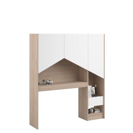 Cabecero de cama de 90 con estantes en madera clara y frentes blancos con nicho superior triangular y módulos de almacenaje late