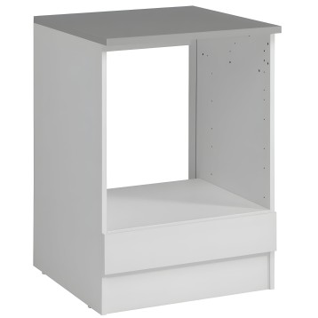 Mueble base blanco y gris con hueco central abierto y dos cajones inferiores vista frontal