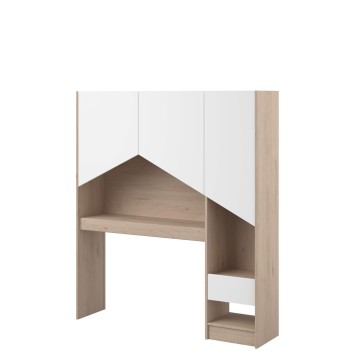Cabecero de cama de 90 en madera clara y paneles blancos con estantería lateral integrada