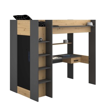 Cama alta con escritorio integrado en madera natural y estructura gris antracita con estantes y armario lateral
