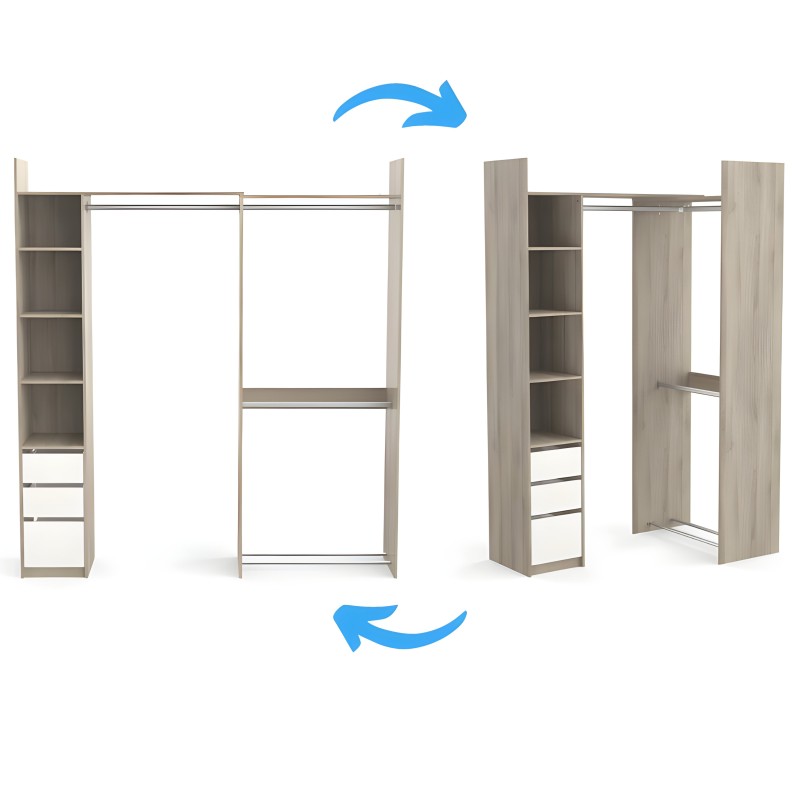 Armario modular con puertas abatibles y estantes laterales en madera clara con detalles en blanco