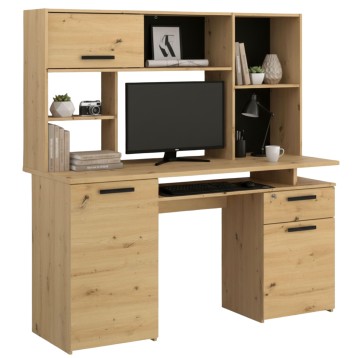 Escritorio de madera natural con gabinete superior y organizador de estantes para pantalla y accesorios de oficina