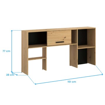 Escritorio de madera natural con cajón central y compartimentos abiertos laterales acabados en negro