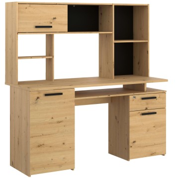 Escritorio en madera clara con estantería superior y cajones laterales. Mueble de trabajo moderno y funcional.