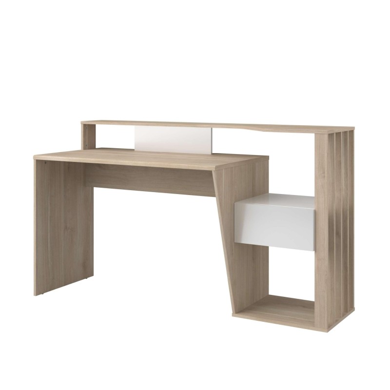 Escritorio de madera clara con cajón blanco y estantería lateral abierta de almacenamiento