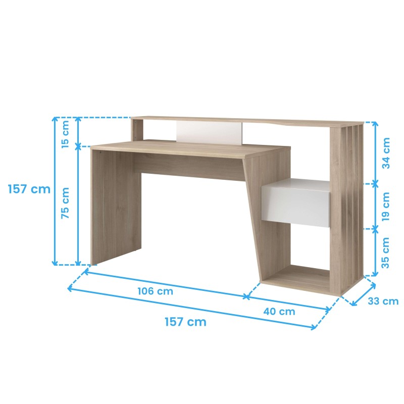 Escritorio de madera clara con estantería lateral y cajón blanco integrado vista frontal y medidas