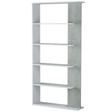 Estantería vertical de hormigón y blanco con seis estantes abiertos y estructura lateral