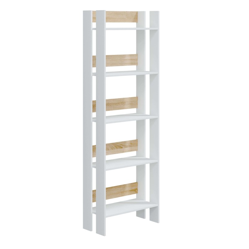 Estantería vertical blanca con estantes de madera natural y estructura modular de seis niveles