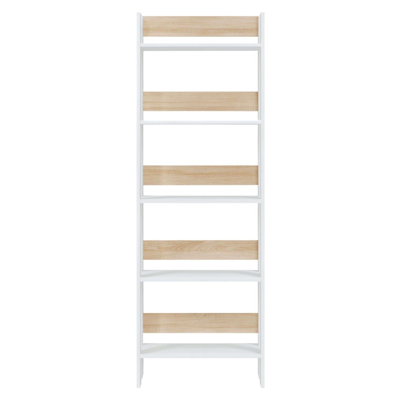 Estantería de 6 niveles con estructura blanca y estantes de madera clara alternados