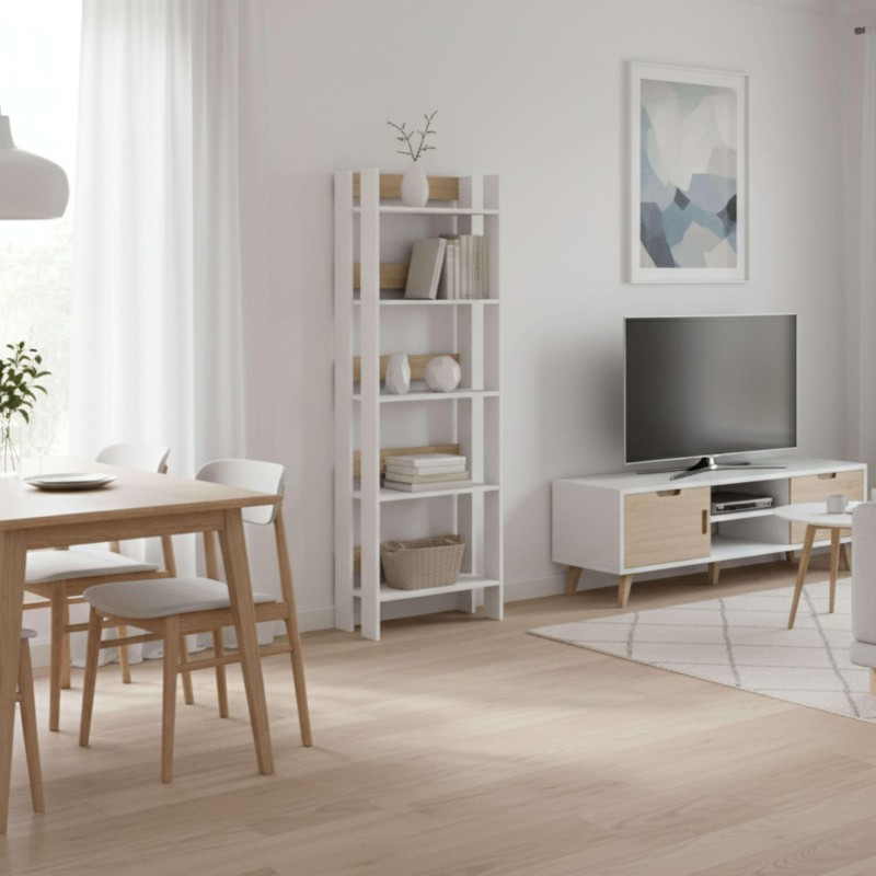 Salón nórdico con estantería blanca abierta y mueble TV blanco con frentes en madera natural