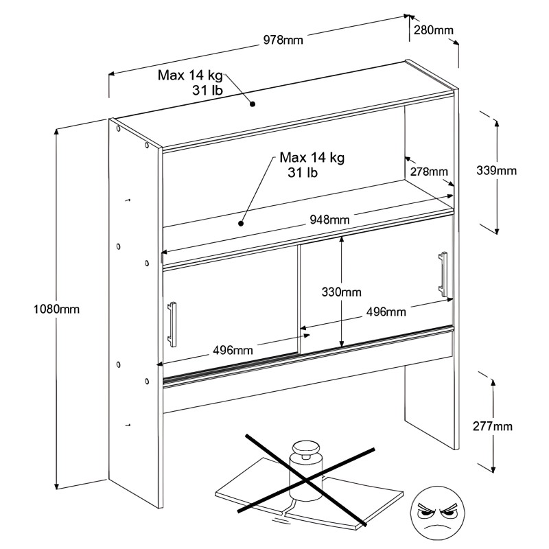 Mueble organizador con dos estantes abiertos y puerta inferior con capacidad máxima 14 kg por nivel vista en perspectiva técnica