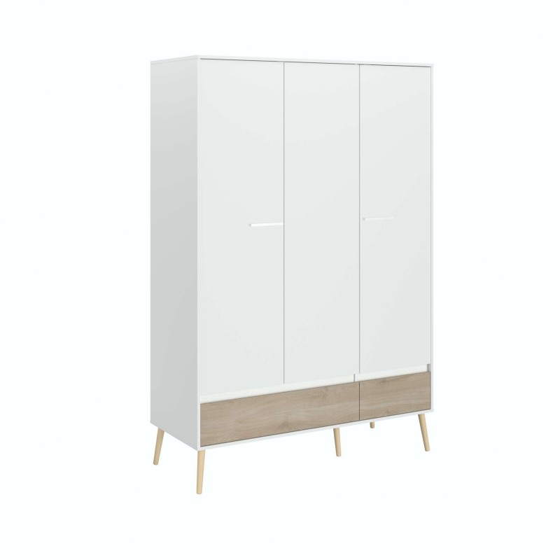 Armario de tres puertas blanco y madera con patas de madera natural y base inferior en tono natural