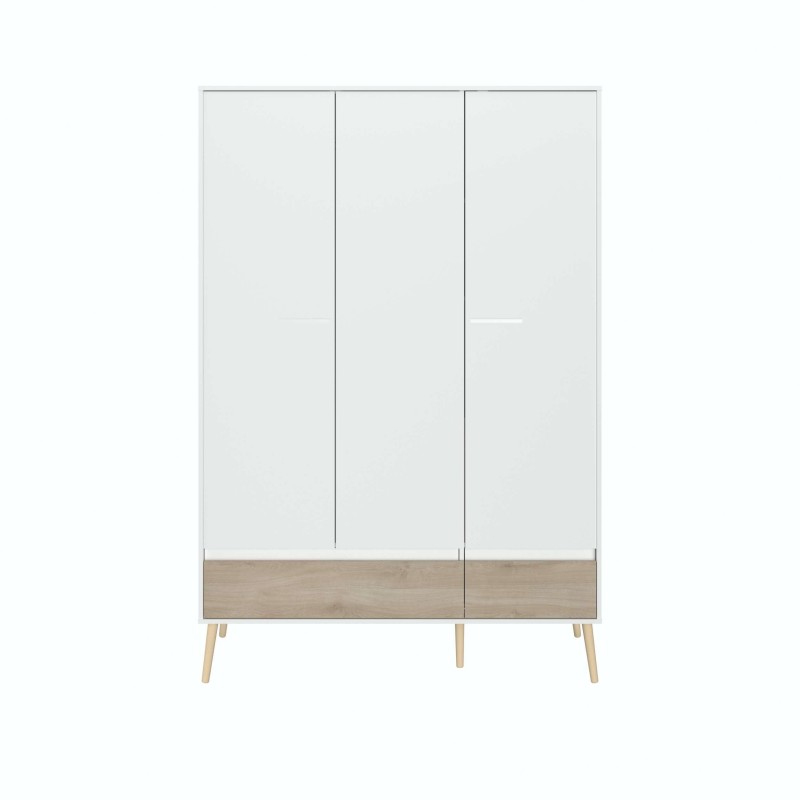 Armario de tres puertas blanco y madera natural con patas de madera y marco metálico