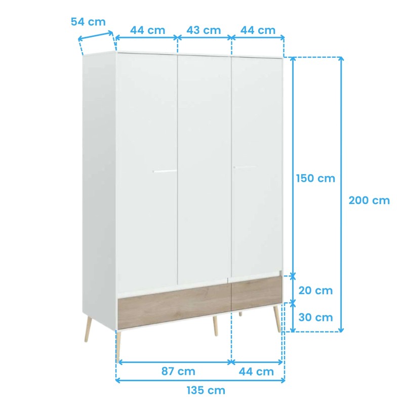 Armario blanco de tres puertas con base de madera natural y patas de madera clara vista con dimensiones técnicas