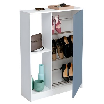 Zapatero blanco y azul con puerta abierta y múltiples compartimentos organizadores para calzado y accesorios