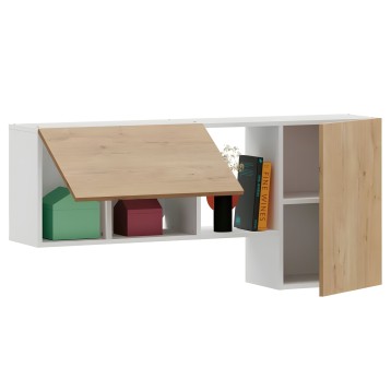 Mueble modular suspendido blanco y madera con tapa inclinada y estantería abierta para almacenaje