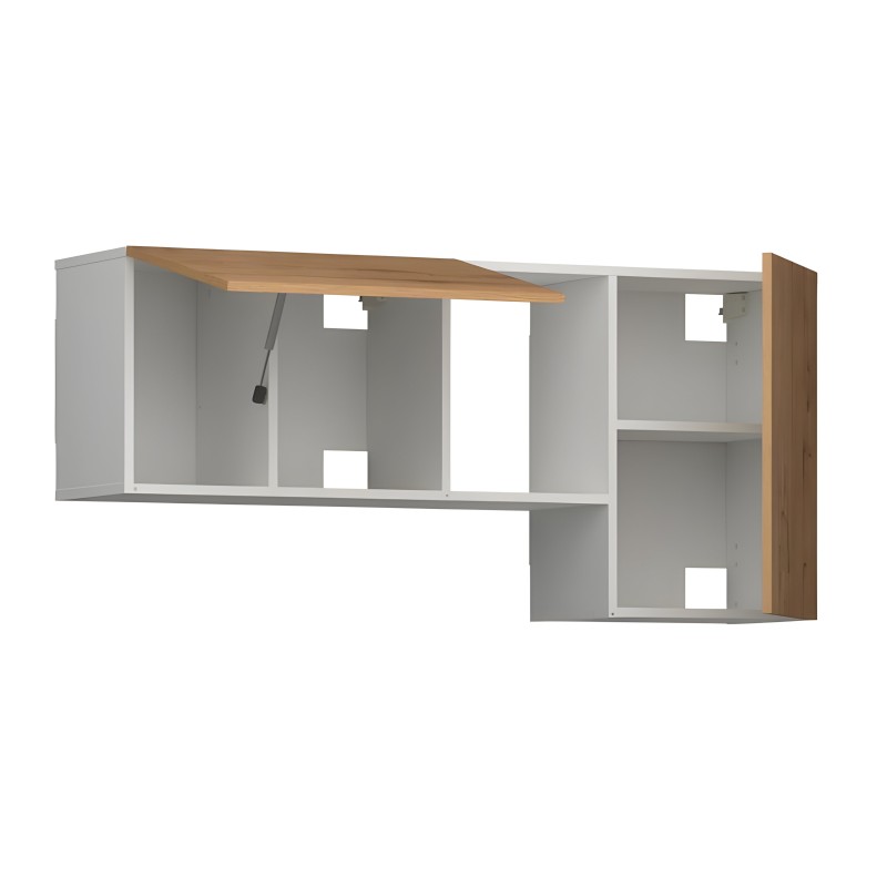 Mueble modular suspendido en L con estructura blanca y detalles en madera natural y tono café