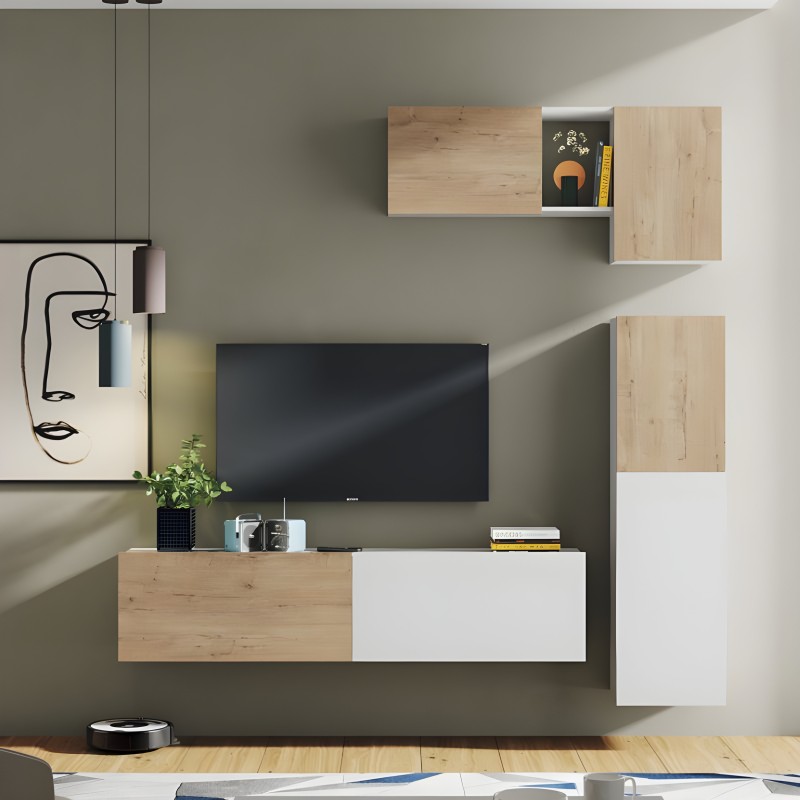 Mueble modular de TV en madera clara y blanco con estantes flotantes y gavetas en ambiente de sala
