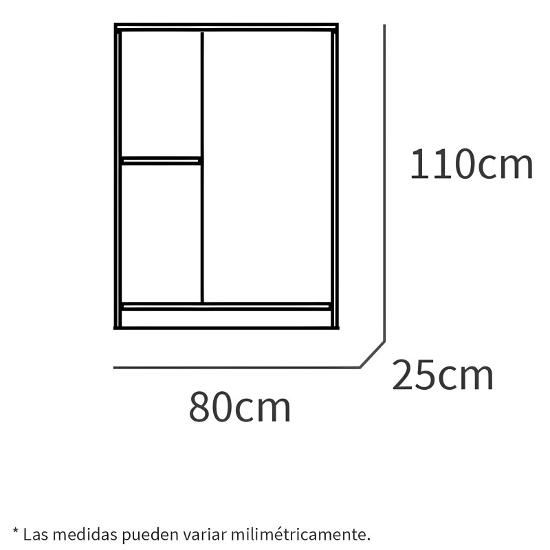 Armario de dos puertas correderas con marco negro y divisiones internas de almacenamiento vista frontal