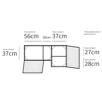 Estantería modular con compartimentos abiertos y cerrados vista en perspectiva con medidas de profundidad y altura