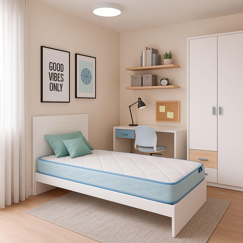 Cama individual blanca con colchón azul y almohadas verdes en dormitorio moderno