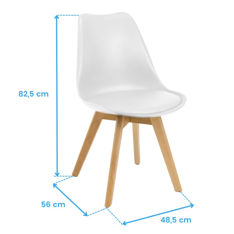 Silla moderna con asiento blanco y respaldo curvo sobre patas de madera natural