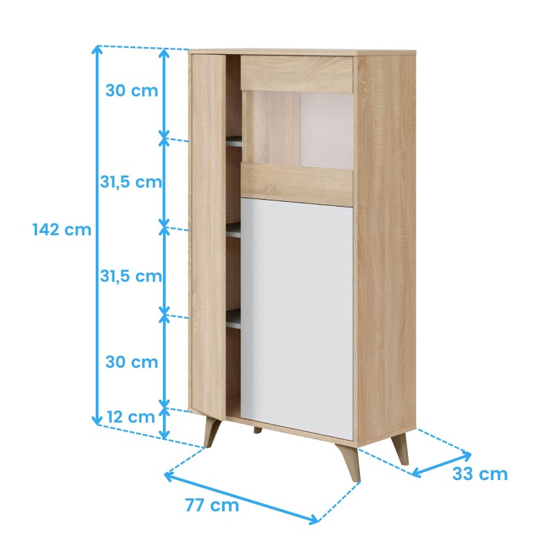 Armario de madera natural y blanco con puertas y cajones abiertos vista frontal y medidas