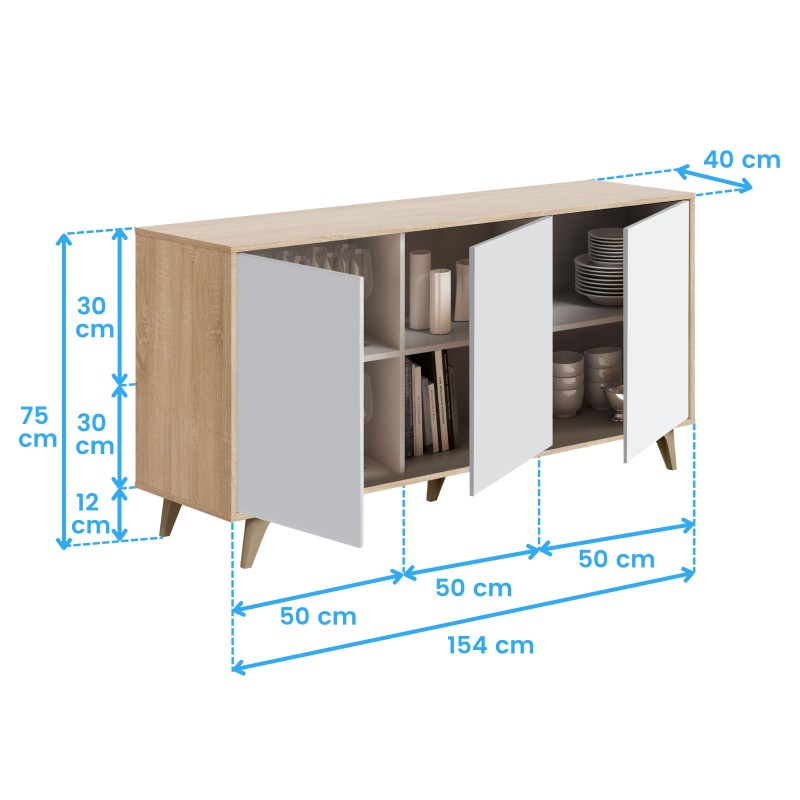 Aparador de madera natural y puertas blancas con patas de madera y almacenamiento interior abierto