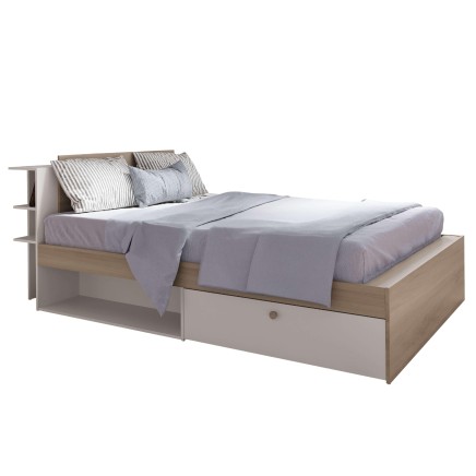 Cama con estructura de madera natural y cabecero tapizado beige con almacenaje lateral y cajón inferior